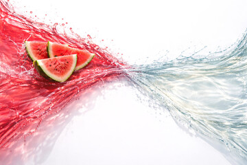 Photoreal CGI Watermelon Juice &times; Clear Wave Interference &mdash; Top-Down 75&deg;, 8K Horizontal, Left 60&ndash;65% Action (2&ndash;3 Watermelon Wedges), Right 35&ndash;40% Clean Copy Space, Isolated Alpha + Shadow Layer, sRGB 1
