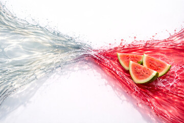 Photoreal CGI Watermelon Juice &times; Clear Wave Interference &mdash; Top-Down 75&deg;, 8K Horizontal, Left 60&ndash;65% Action (2&ndash;3 Watermelon Wedges), Right 35&ndash;40% Clean Copy Space, Isolated Alpha + Shadow Layer, sRGB 1