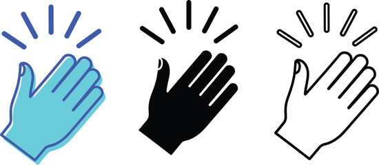 Obraz premium Set of clapping hand icons in solid black blue and outline styles with motion lines representing applause high five or greeting.