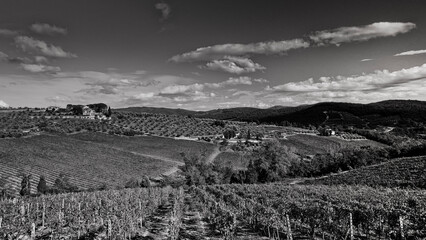 Naklejka premium Italia panorami della Toscana in bianco e nero. Provincia di Siena,Val D'Orcia e Chianti Senese. Toscana, Italia 