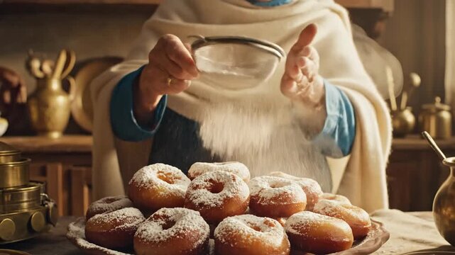 Chef sifting powdered sugar onto freshly baked doughnuts