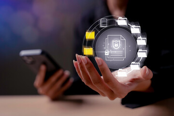 Cybersecurity data protection concept showing a digital secure document. file management and privacy technology. cybersecurity, data, protection, privacy, security, document, cloud, digital, file.