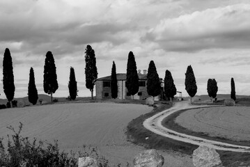 Naklejka premium Italia panorami della Toscana in bianco e nero. Provincia di Siena,Val D'Orcia e Chianti Senese. Toscana, Italia 