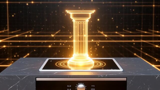 A glowing golden column appears to levitate above a modern kitchen countertop with a digital grid background, showcasing futuristic design elements