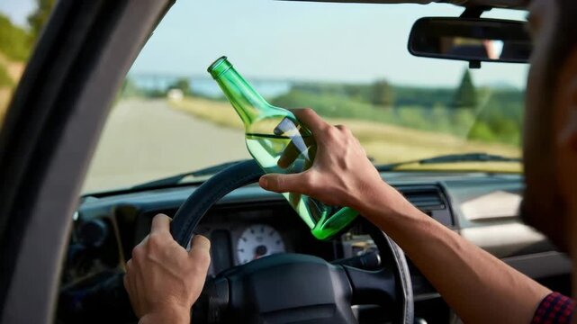Driver holding beer bottle with one hand on steering wheel, close-up of reckless driving, focus on hand and bottle, road safety danger, irresponsible behavior, drink driving warning