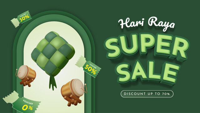 Hari Raya Eid 2026 Super Sale Banner with Ketupat and Bedug Illustration. Hari Raya Translation  Eid al Fitr