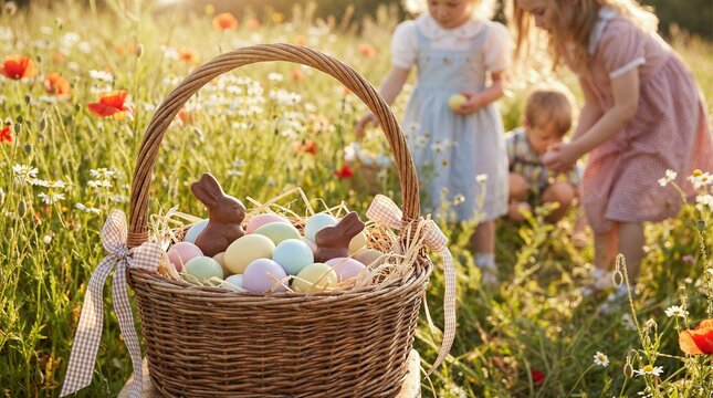 Wicker easter basket filled with chocolate bunnies and pastel eggs with children playing in flower field background. Egg hunt concept.