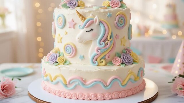 Whimsical unicorn cake surrounded by colorful decorations for birthday party celebration fun