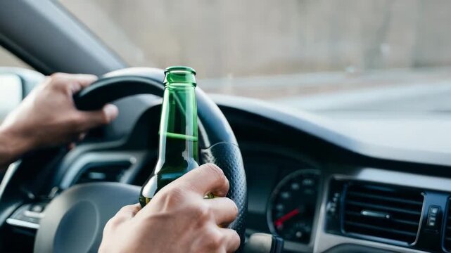 Driver holding beer bottle behind wheel of moving car, concept of drunk driving, dangerous behavior on road, alcohol consumption while operating vehicle, irresponsible action, traffic violation