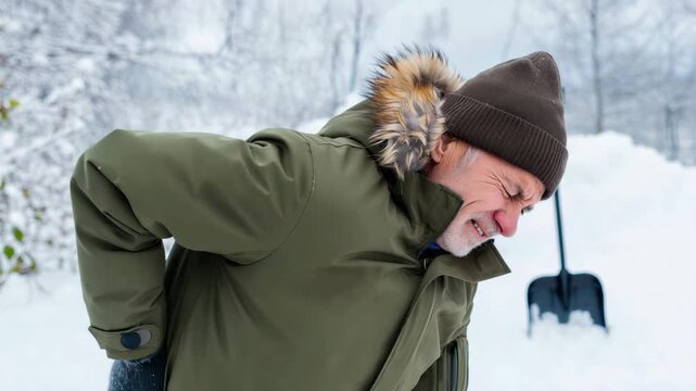 Man holding his back in pain on snowy day, winter clothing, backache discomfort, outdoor cold season, elderly man suffering, snow shoveling strain, healthcare in winter, physical exertion