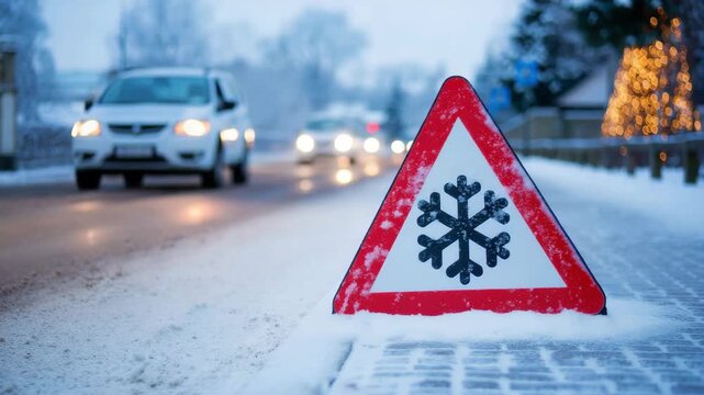 Snow warning traffic sign on snowy roadside with blurred cars, winter safety precaution road conditions, icy weather driving awareness, cold season hazard alert, vehicle headlights in evening 