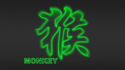 Neon Green Monkey Chinese Year Outline Futuristic Digital Glow Halftone Illustration