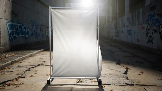 A white sheet draped on a metal frame, illuminated by soft light, set against a graffiti-covered wall in an urban alleyway