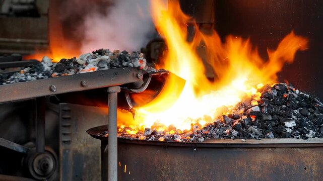 A forge with bright flames and hot metal being poured, creating an intense visual of fire and metalwork