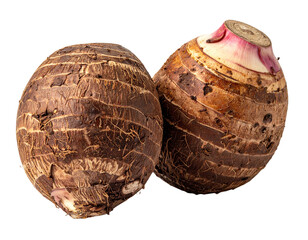 Whole and Halved Eddoe Taro Corms, Side View Composition, Isolated on Transparent Background