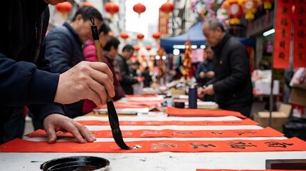 Calligraphy event in a busy market during the festival with people writing on red paper Generative AI