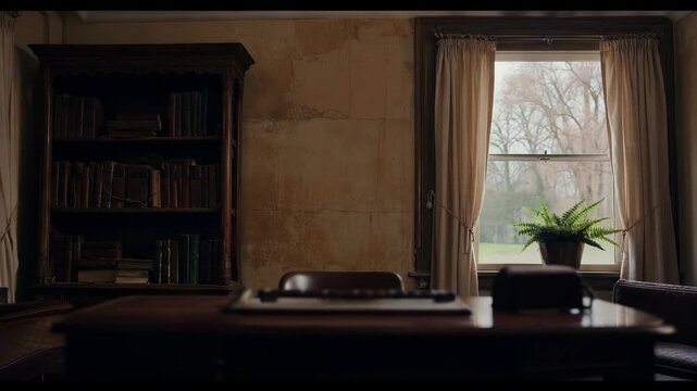 Gloomy and historic office interior with vintage furniture and books