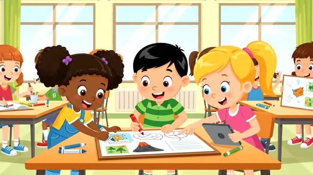 Cheerful children learning and drawing together in a classroom setting.