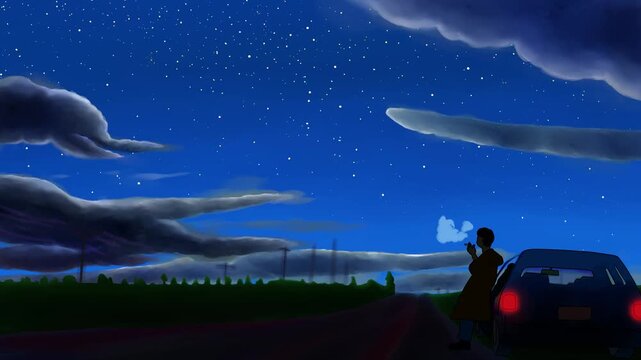 手描きアニメーション・シームレス・ループ　哀愁を感じる大平原の道端に止めた赤いテールランプの車に寄りかかり タバコを吸う男 地平線から ヘッドライトを照らし現れる車 夜+月バージョン