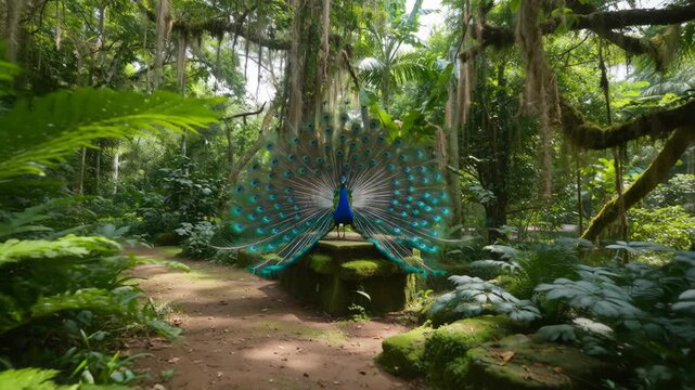 Serene view of a lush jungle path with a hammock suspended among tall trees and vibrant foliage, inviting relaxation in nature