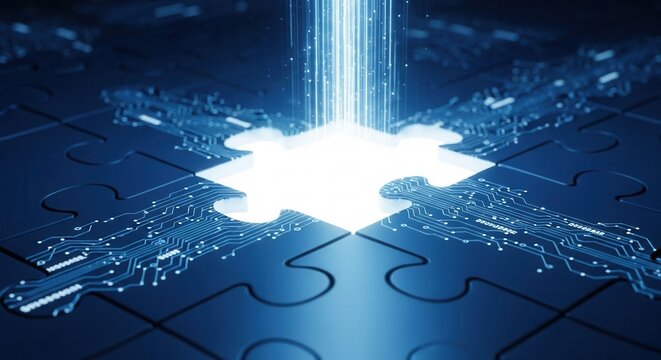 Glowing digital puzzle piece with circuit lines and light beam representing business solution, integration, strategic planning, success, connectivity, and innovative technology teamwork.