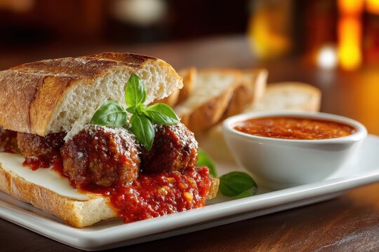 Sauced meatball sub served at Italian eatery