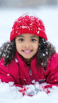 Child in red hat, smiling in snow, close up winter portrait for family marketing, holiday campaigns, education content, app banners, social posts, seasonal product ads, childcare ads, travel