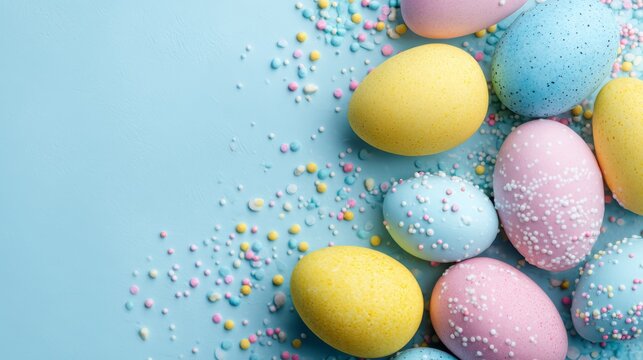 Top view of colorful yellow, pink, blue, and white easter eggs with sprinkles on a pastel blue background, festive spring holiday decoration with empty space for text