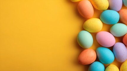 Obraz premium Bright and colorful yellow easter background with festive spring decorations and copy space for holiday greetings or seasonal designs