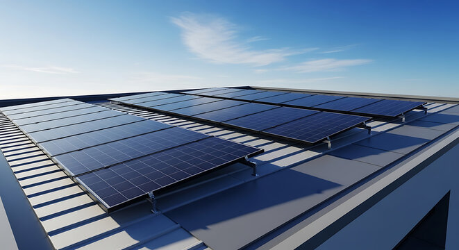 Solar panels installed on a modern building rooftop under a clear blue sky, generating clean energy.