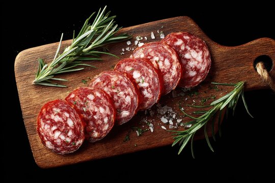 Sliced Fuet sausage on a wooden board with herbs Dark background Aerial view