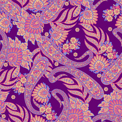 Paisley vector seamless design flowers and leaves in a batik-inspired style. Vintage fabric backdrop