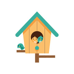 Birds in birdhouse with roof vector illustration