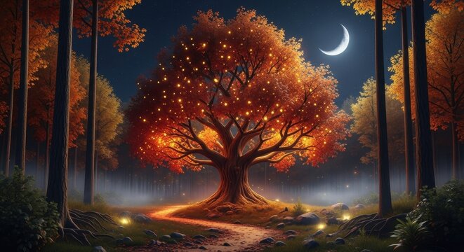 Autumnal Tree Under Moonlight - A Mystical Forest Scene.