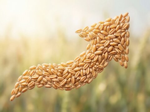 Wheat grains arranged in the shape of an upward pointing arrow against a blurred golden wheat field background, symbolizing growth and success.