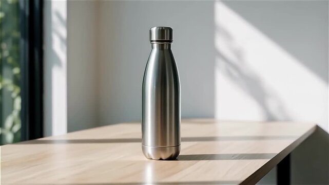 Shiny stainless steel water bottle standing on a wooden table with natural light illuminating the scene and green foliage in the background
