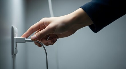 Person hand is pulling white cord through white door handle on grey.