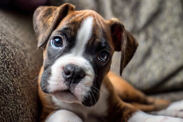 Small boxer pup on couch with head tilted