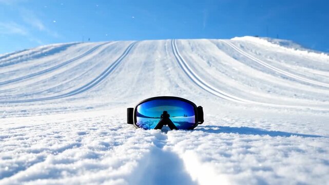 Snow goggles resting on fresh snow with a snowy slope in the background under a clear blue sky