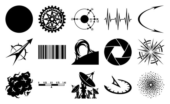 Minimalist Aerospace Sci-Fi Symbols Graphic Set for Scientific Interface Design and Astronomy Education