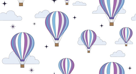 Naklejka premium Whimsical seamless pattern of hot air balloons floating through a sky filled with soft blue clouds and small stars.
