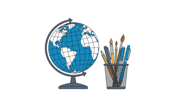 Educational illustration of a blue desk globe standing next to a wire mesh cup filled with pens, pencils, and art brushes.