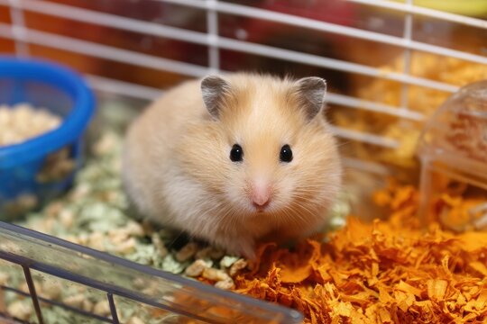 Small hamster Phodopus sungorus in a cage with food