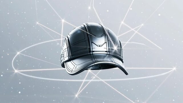 Stylized black cap with a smooth finish floating against a cosmic background of stars and light connections
