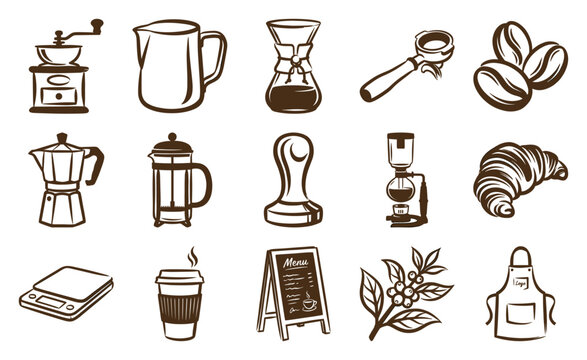 Vintage Hand Drawn Coffee Culture Graphic Element Kit for Artisanal Cafe Branding and Bistro Menus