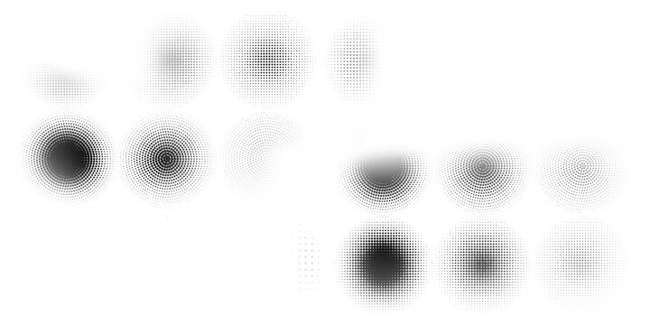 Halftone gradient circles collection. Dots textured round patterns. Cartoon comic radial faded background set. Abstract pixelated elements for frame, poster, collage, banner, flyer. Vector bundle