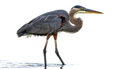Fototapeta premium Great Blue Heron in Shallow Water - A Focused Wildlife Portrait.
