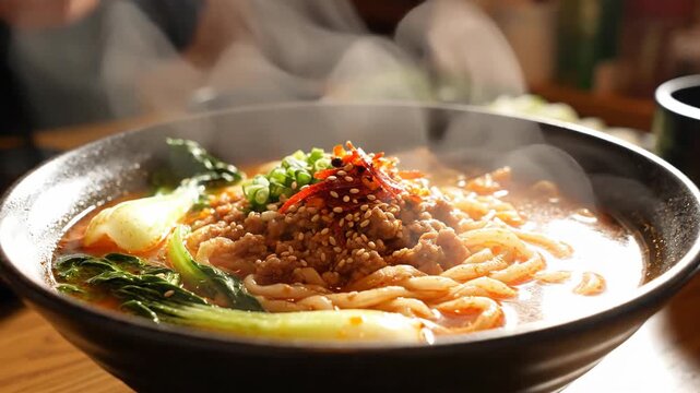 Steaming bowl of noodles with bok choy in warm lighting
