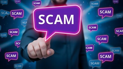 Obraz premium A person pointing at a large purple scam speech bubble with multiple smaller bubbles