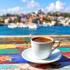 A serene cup of coffee on a colorful wooden table overlooking a tranquil harbor